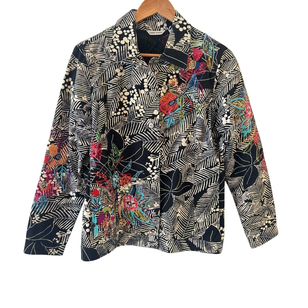 Laura Ashley Embroidered Floral Jacket Womens M Beaded Boho Artsy Festival